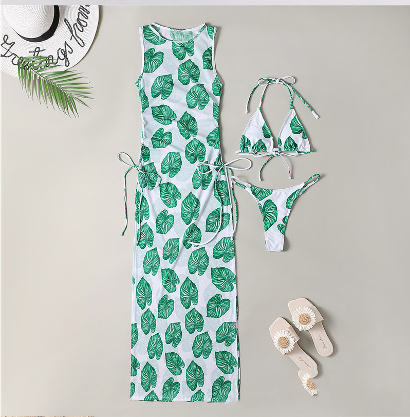 Bikini Swimwear Set, Solid Color Long Dress, Sexy Three-Piece Separated Swimsuit for Women 