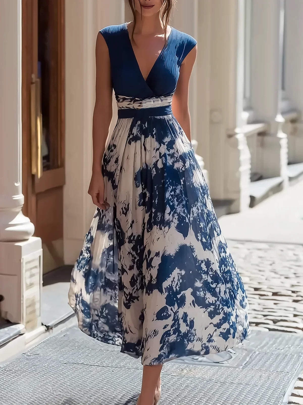 Elegant Long Sleeveless V-Neck Blue and White Porcelain Print Dress Summer Formal Dress 