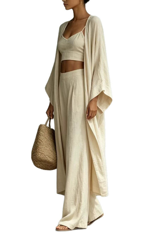 Loose cardigan short strap high waist wide leg pants set 