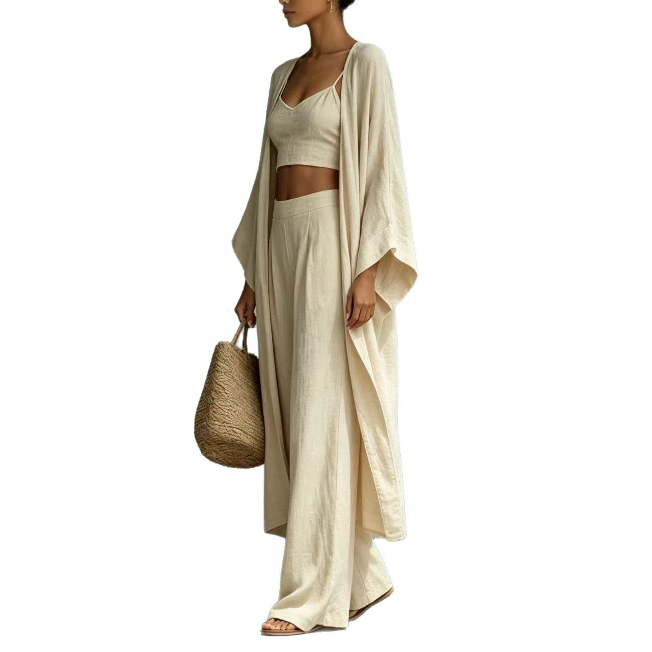 Loose cardigan short strap high waist wide leg pants set 