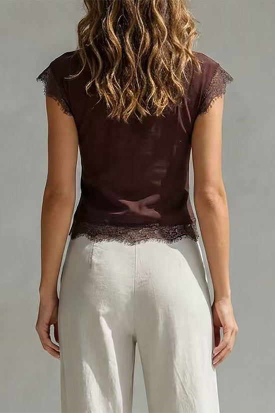 Lace patchwork lace up waist cinching see through top 
