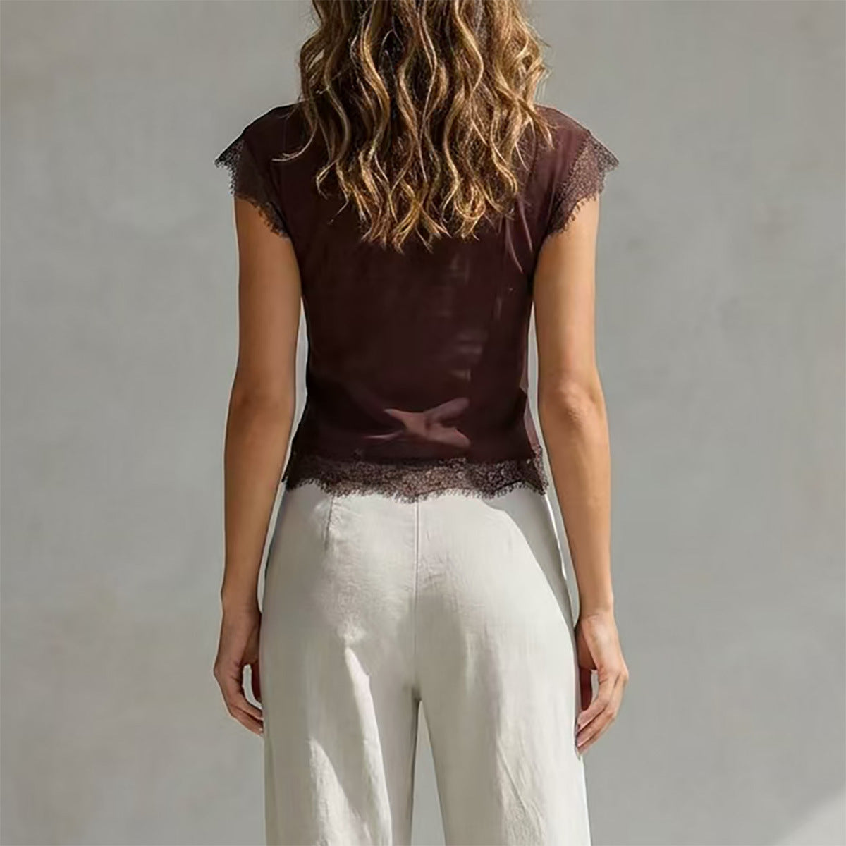 Lace patchwork lace up waist cinching see through top 