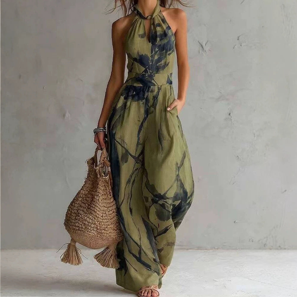 New halter backless jumpsuit, blue and white tie-dye wide-leg pants, summer beach women's wear 
