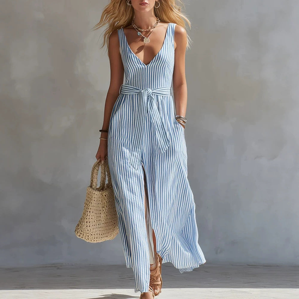 Fresh Blue and White Striped Sleeveless Long Dress with V-Neck, Waist-Tie, Side Split, Beach Dress 