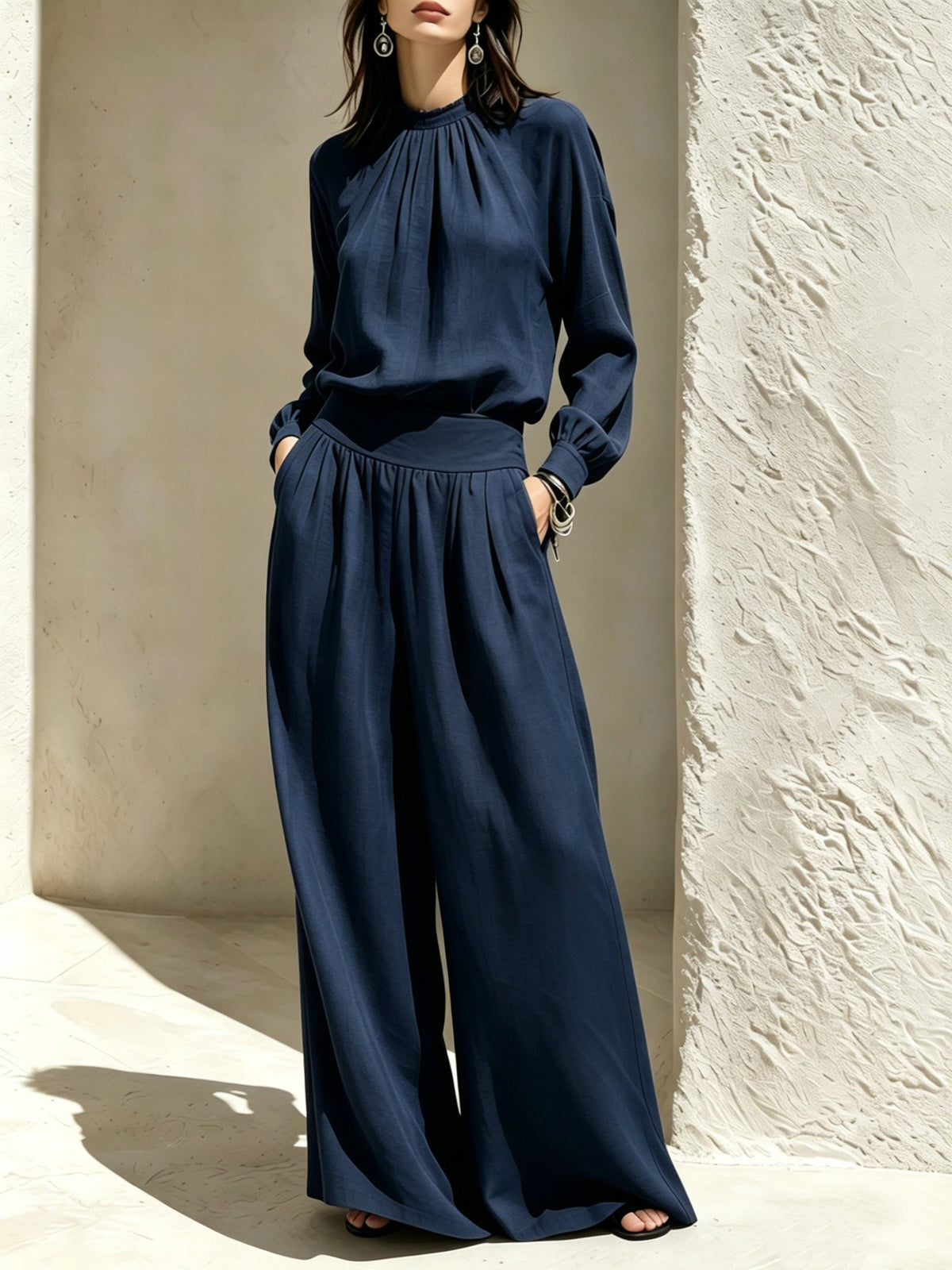 Casual Solid Color Long Sleeve Stand-up Collar Loose Fit Women's Fashion Set BlouseWide-leg Pants 