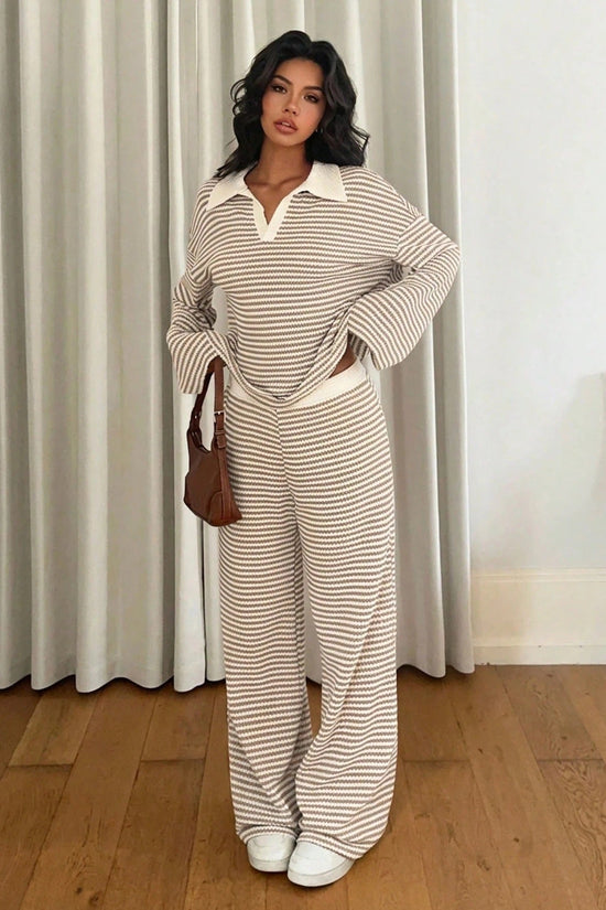 Long sleeved contrasting striped wide leg pants set 