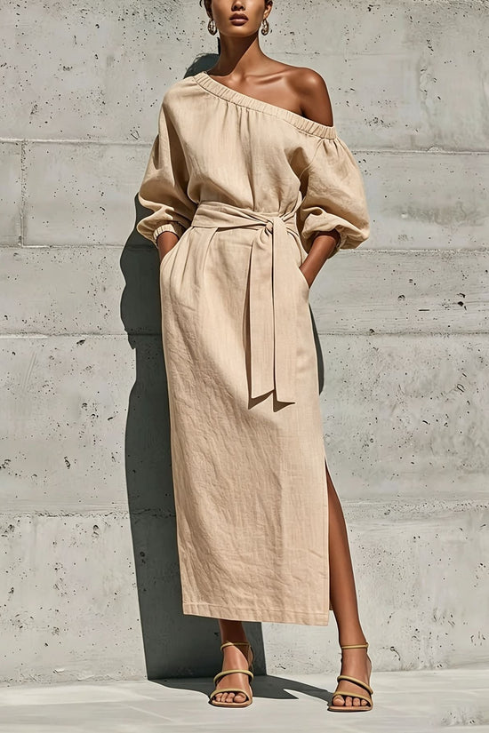 Fashionable Elegant Loose Linen Off-Shoulder Side Slit Dress with Belt 