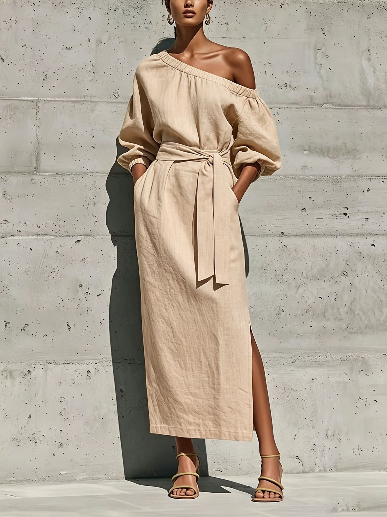 Fashionable Elegant Loose Linen Off-Shoulder Side Slit Dress with Belt 