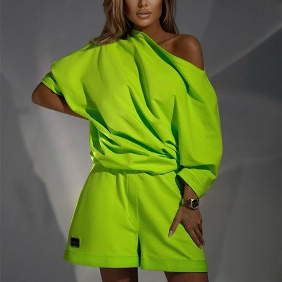 Fashionable Women's Hoodie Pants Set, One-Shoulder Wide Sleeve Loose Two-Piece Outfit 