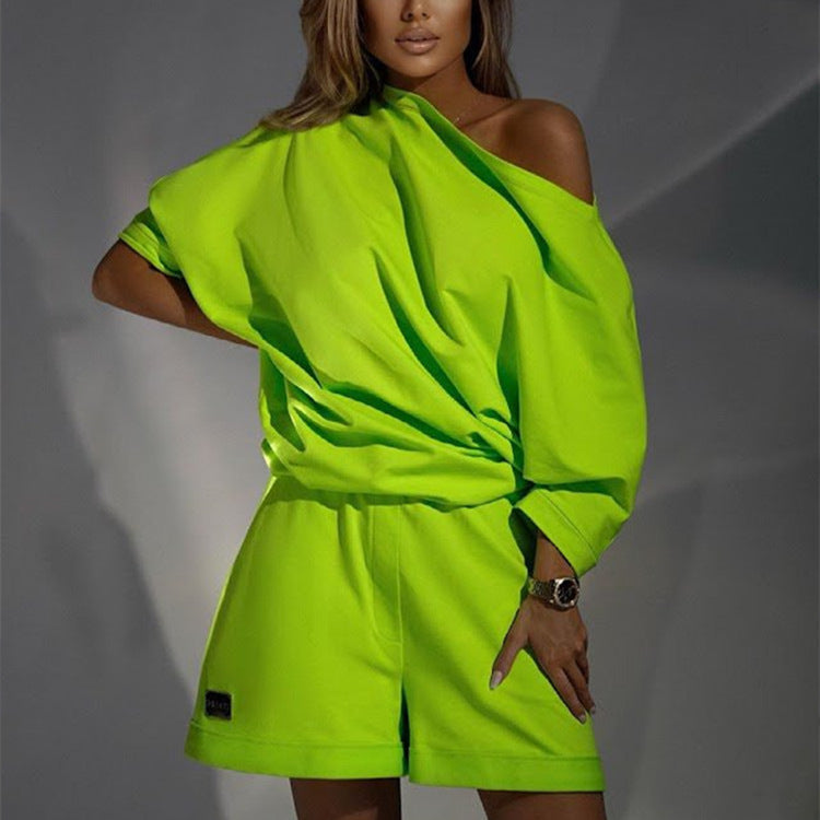 Fashionable Women's Hoodie Pants Set, One-Shoulder Wide Sleeve Loose Two-Piece Outfit 
