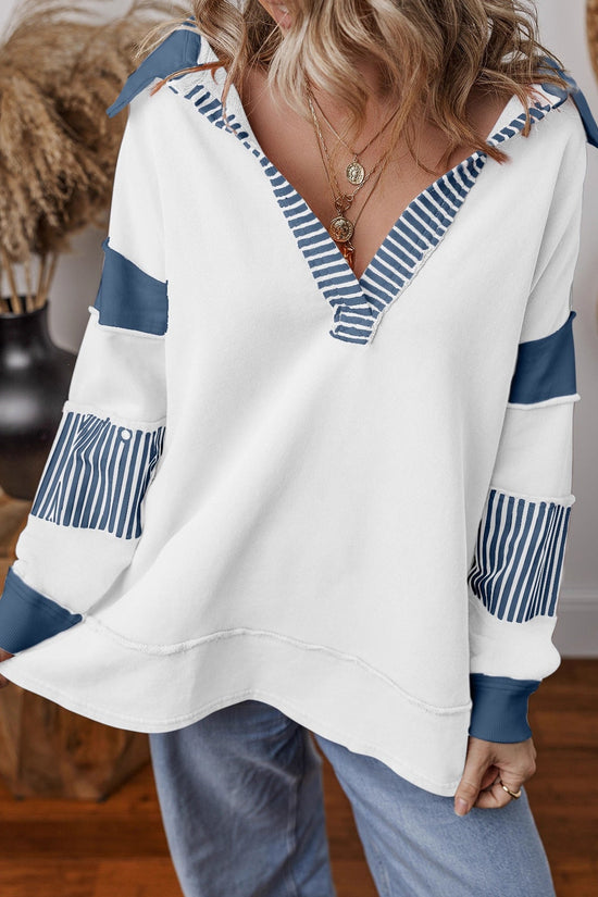 Casual Versatile Deep V-Neck Long Sleeve Loose Sweatshirt Top with Stripe Color Block Design 