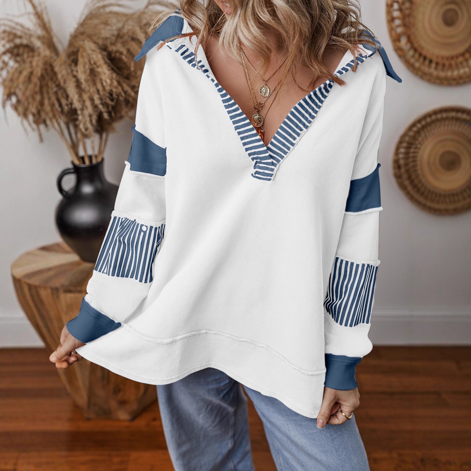 Casual Versatile Deep V-Neck Long Sleeve Loose Sweatshirt Top with Stripe Color Block Design 