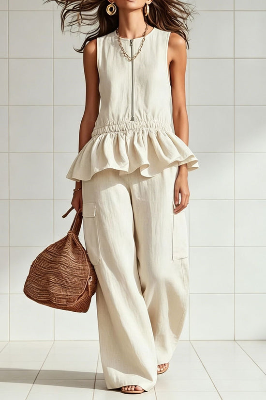 Sleeveless pleated vest wide leg pants set 