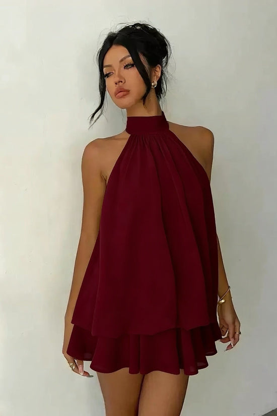 Women's vacation fitted sexy backless halter neck tie-waist dress with puffy short skirt 