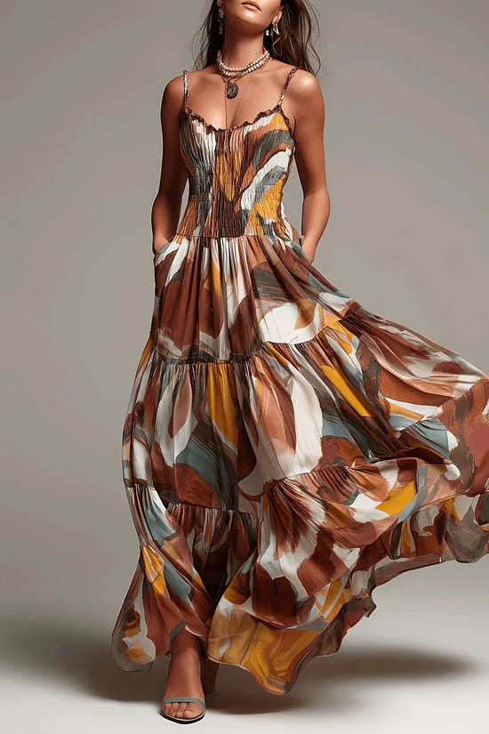 Thin shoulder strap pleated waist pocket dress 