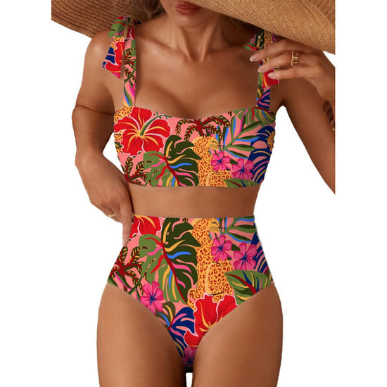 Women's Striped Bikini Set with Tie-Shoulder Design, High-Waisted Two-Piece Swimsuit 