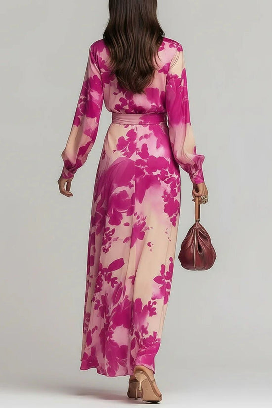 Printed Chiffon Long Sleeve V-Neck Tie-Up Dress Elegant Chic Spring New Long Dress 