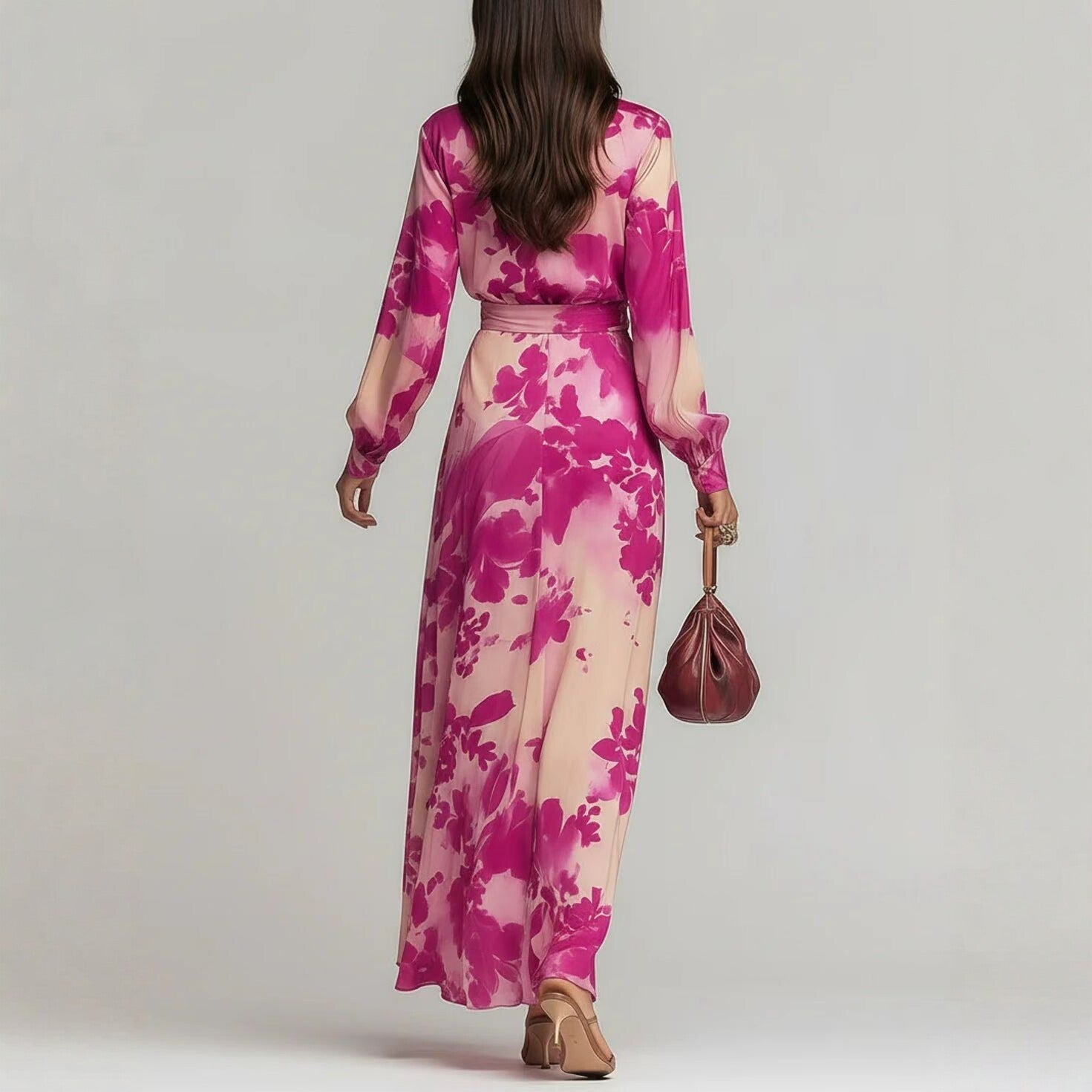 Printed Chiffon Long Sleeve V-Neck Tie-Up Dress Elegant Chic Spring New Long Dress 