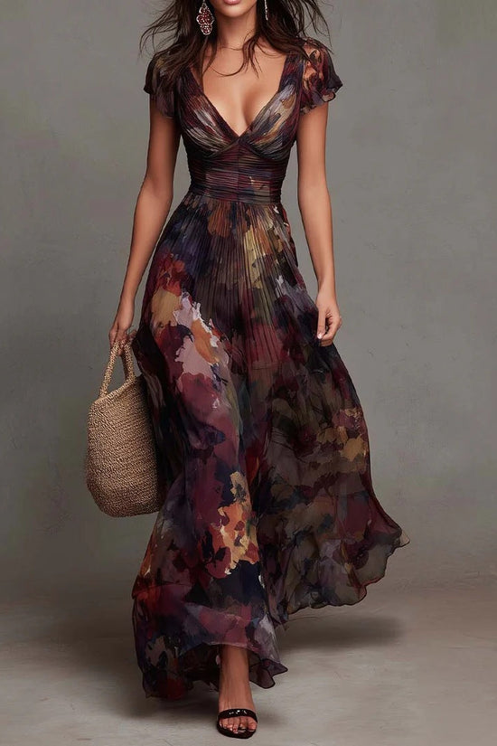 Elegant Deep V-Neck Painted Print Fitted Waist Flowy Chiffon Maxi Dress 