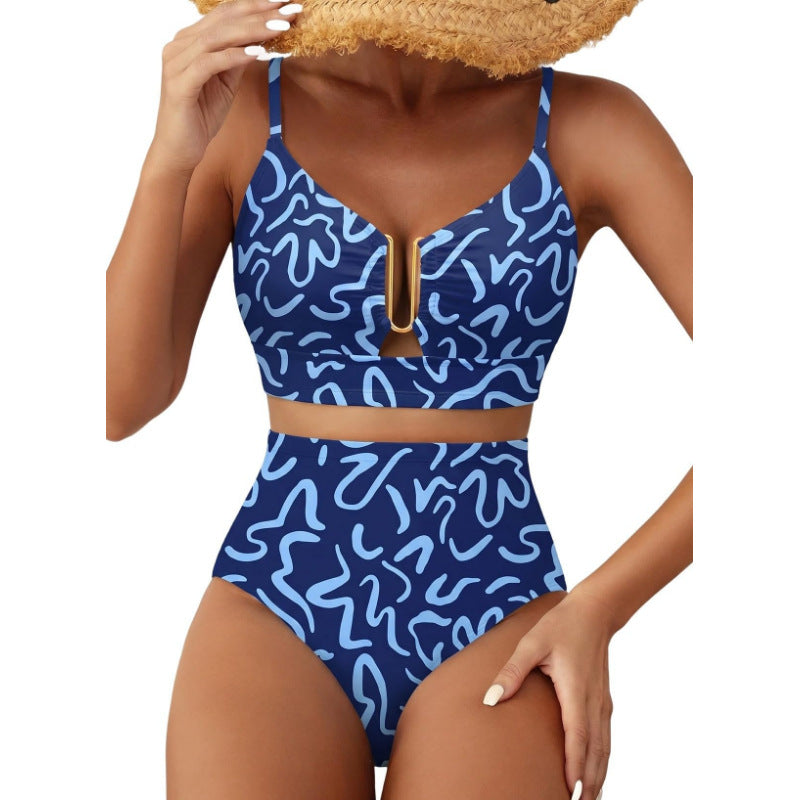 Floral Print High-Waisted U-Line Bikini Set Swimwear for Women 