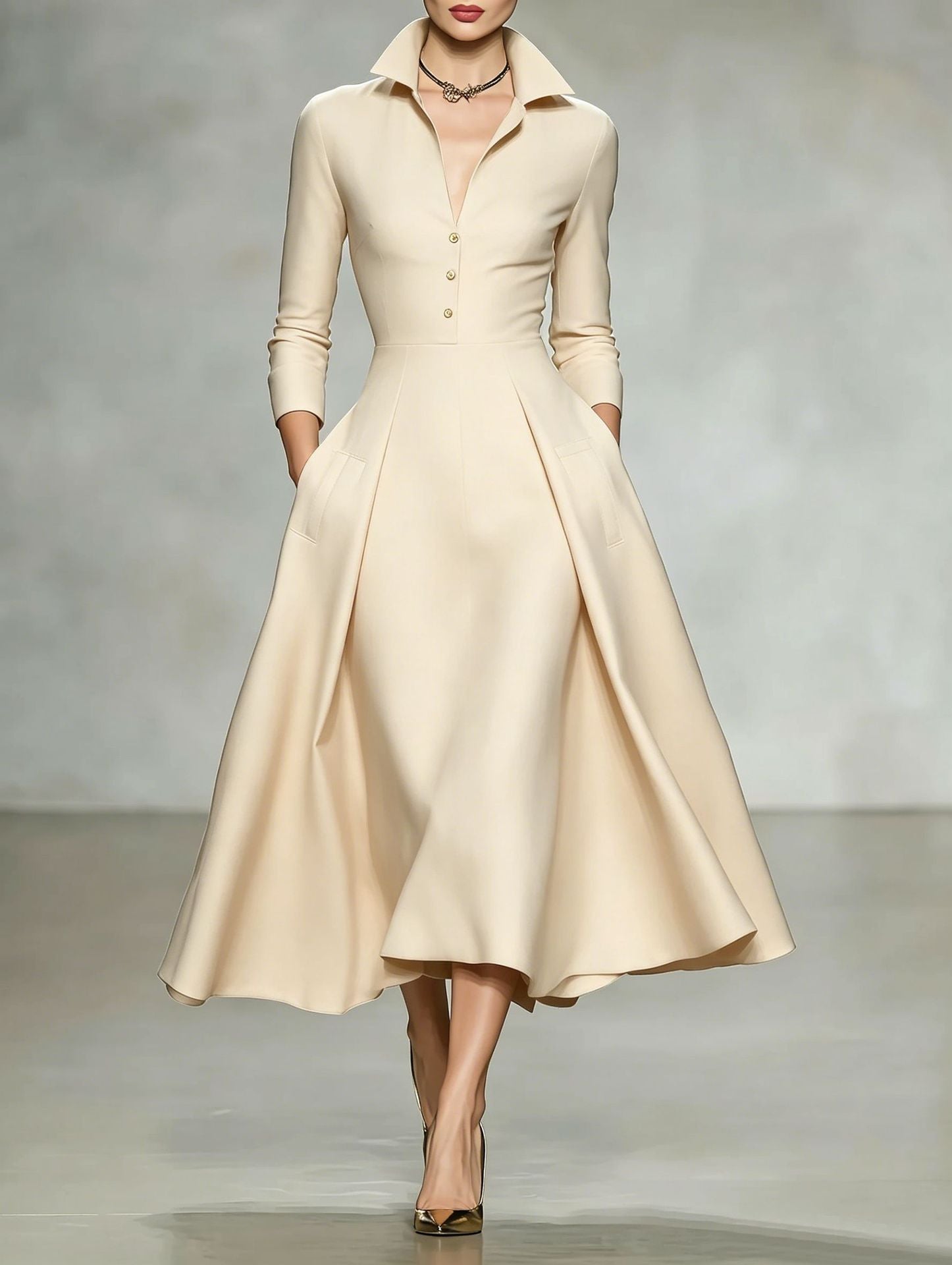 V-neck waist cinched long sleeved dress 