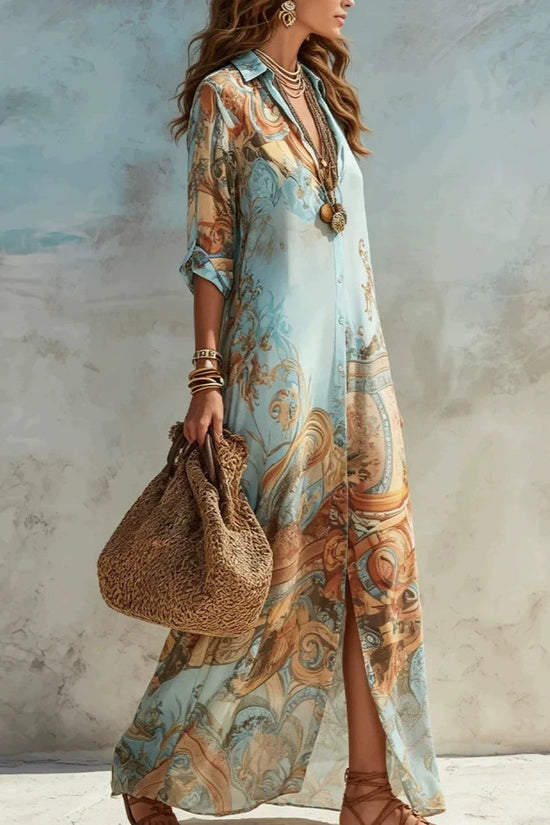 Blue Tone Printed Chiffon Turn-down Collar Split Resort Beach Dress 