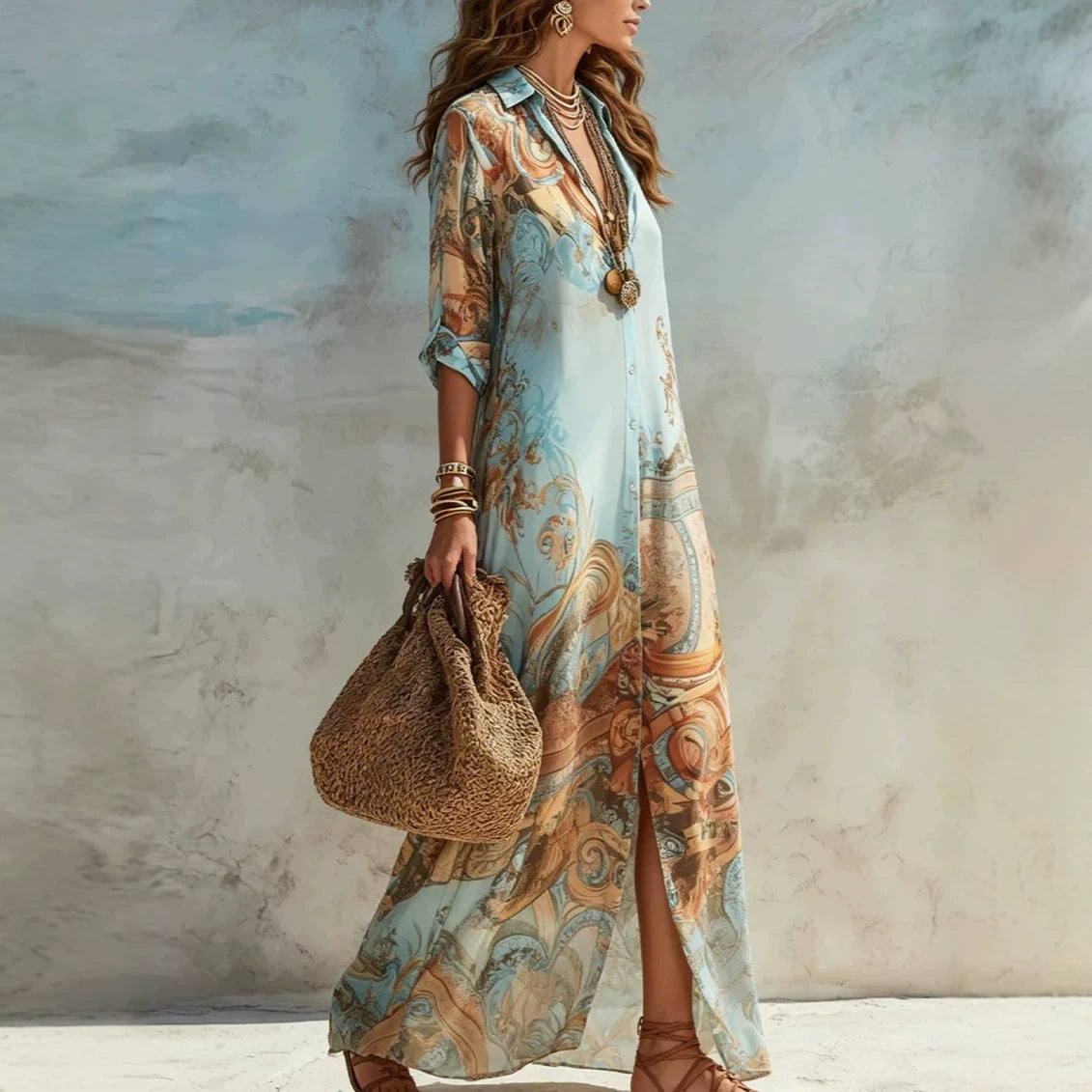 Blue Tone Printed Chiffon Turn-down Collar Split Resort Beach Dress 