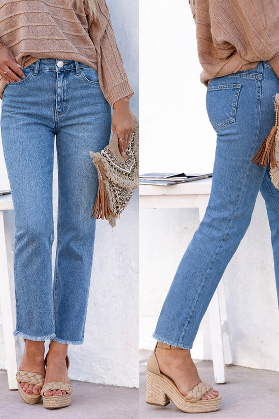 Straight Leg Ankle-Length White Raw Hem Denim Pants T Casual Wear 