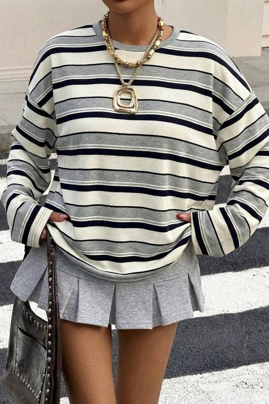 Round neck contrasting striped pullover loose hoodie 