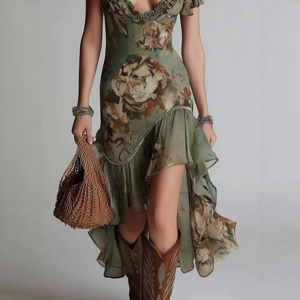 Vintage Oil Painting Print Irregular Hem Ruffle Sleeveless Fitted Western Style Long Dress 
