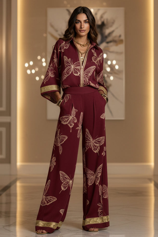 Style Women's Retro Printed Sexy Deep V Neck Loose Zipper Top with Wide Leg Pants Two-Piece Set 