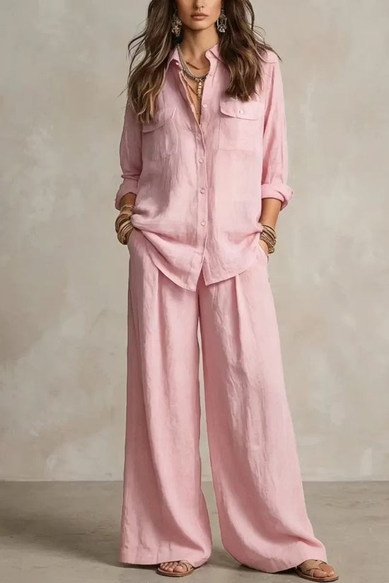 Chic Linen Set for Women, Breathable Lightweight Long Sleeve Shirt with Drapey Wide-Leg Pants, Vacation Style Casual Outfit 