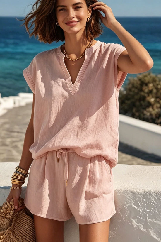 Casual Linen Two-Piece Set for Women, Solid Color, Short Sleeve Top and Shorts