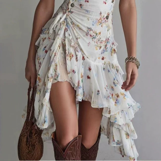 Elegant Women's Chiffon Floral Print Strap V-Neck Ruffled Dress 