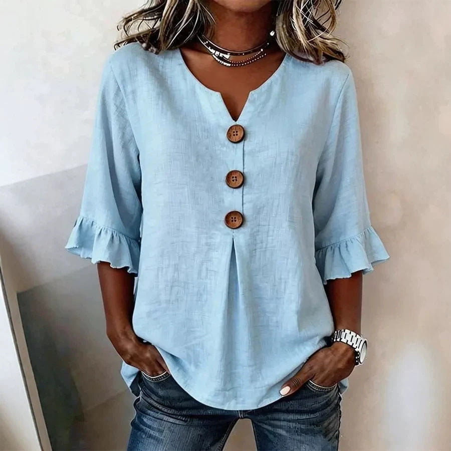 Fashionable Cotton Linen V-Neck Button-Up Blouse for Women Summer Casual Top 