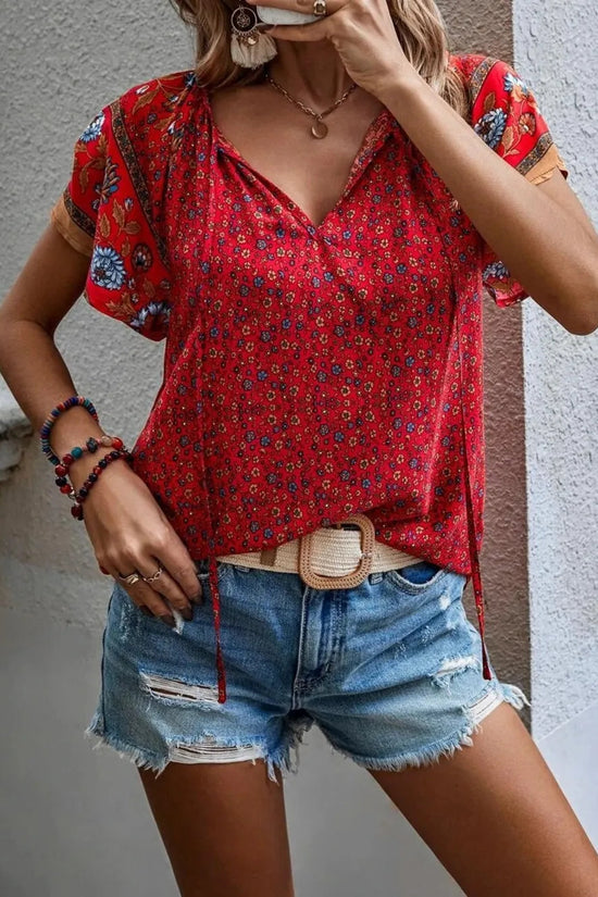 Printed Tie Neck Short Sleeve Blouse 
