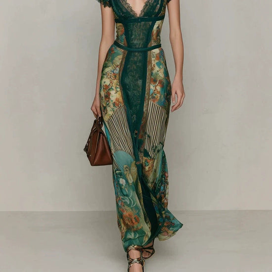 Vintage Emerald Green Lace V-Neck Short Sleeve Patchwork Oil Painting Print Fitted Flared Vacation Fish Tail Long Dress 