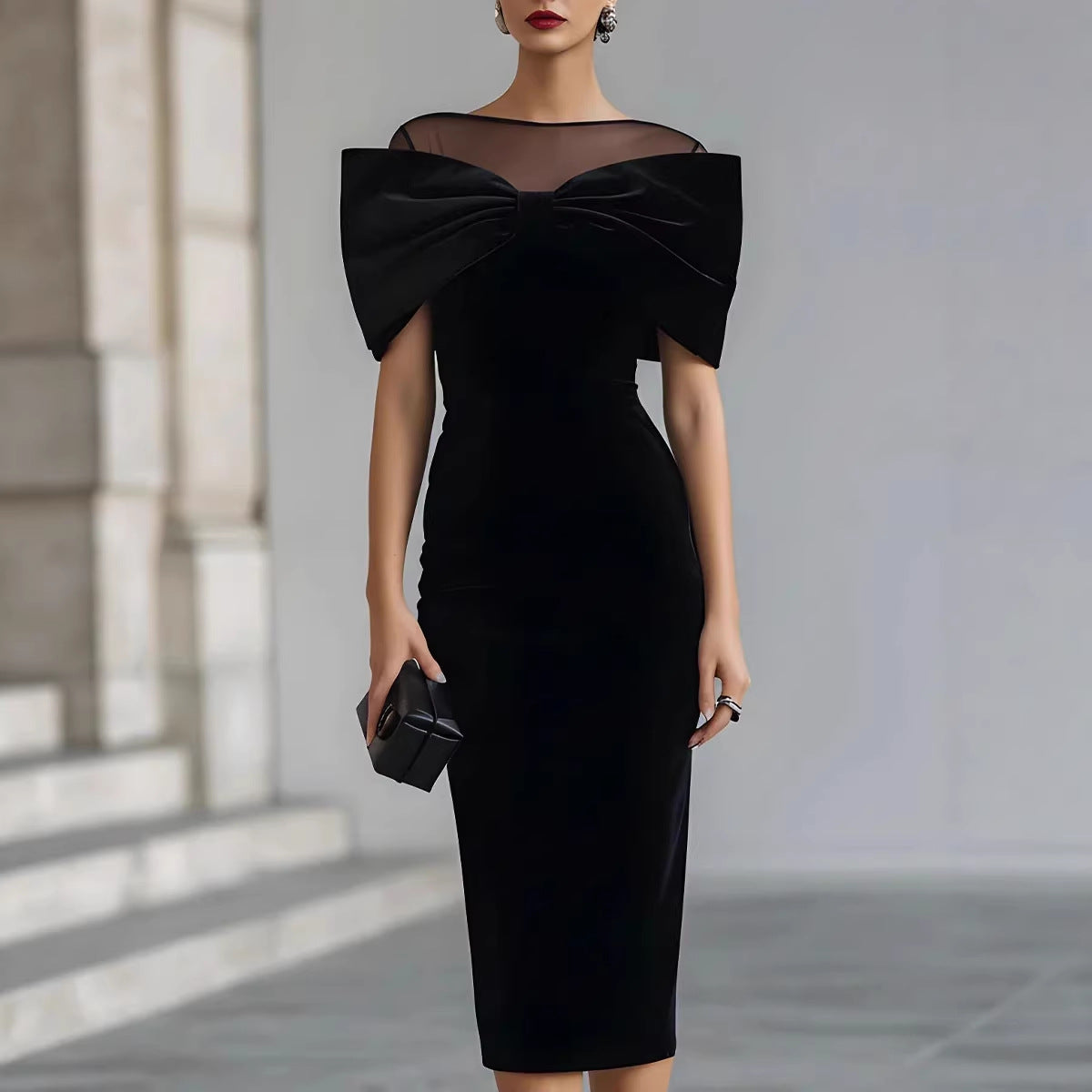 Chic Office Women's One-Shoulder Off-the-Shoulder Velvet Dress with Gold Thread 