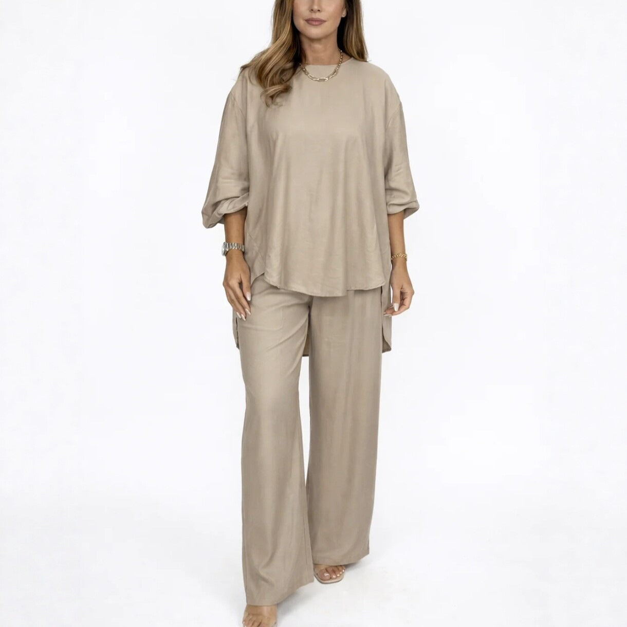 Solid color loose casual suit wide leg pants two-piece set 