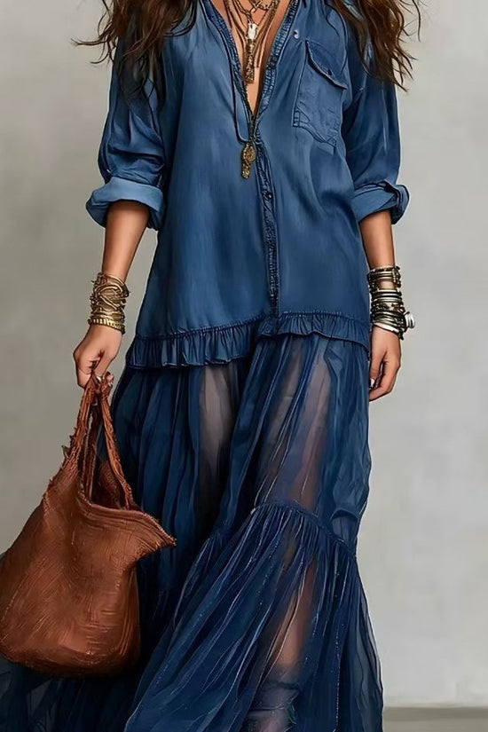 Vintage Denim-like Long Dress Casual Style 