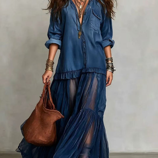 Vintage Denim-like Long Dress Casual Style 