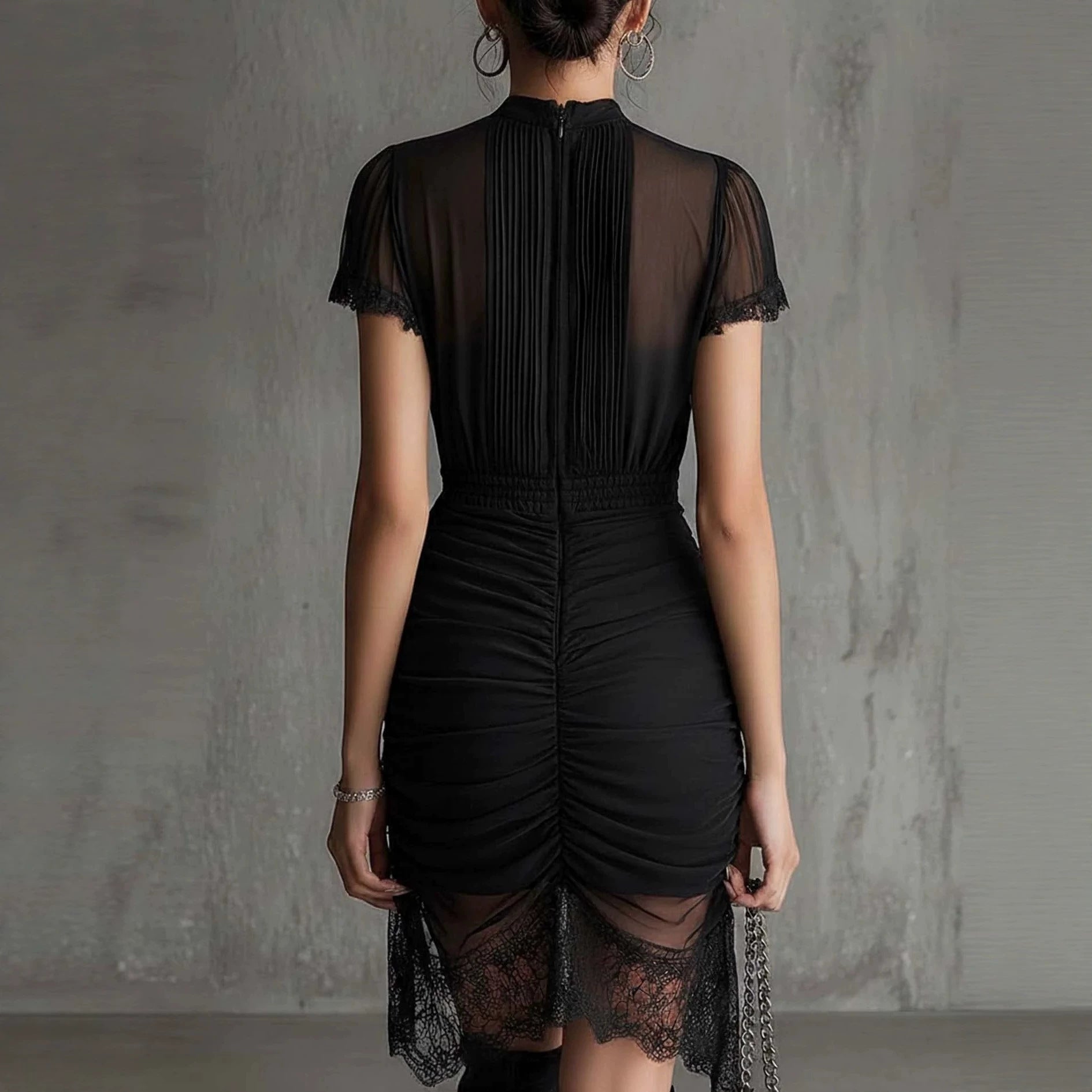 New European black see through lace patchwork dress, slim and tall, slit skirt with lace 