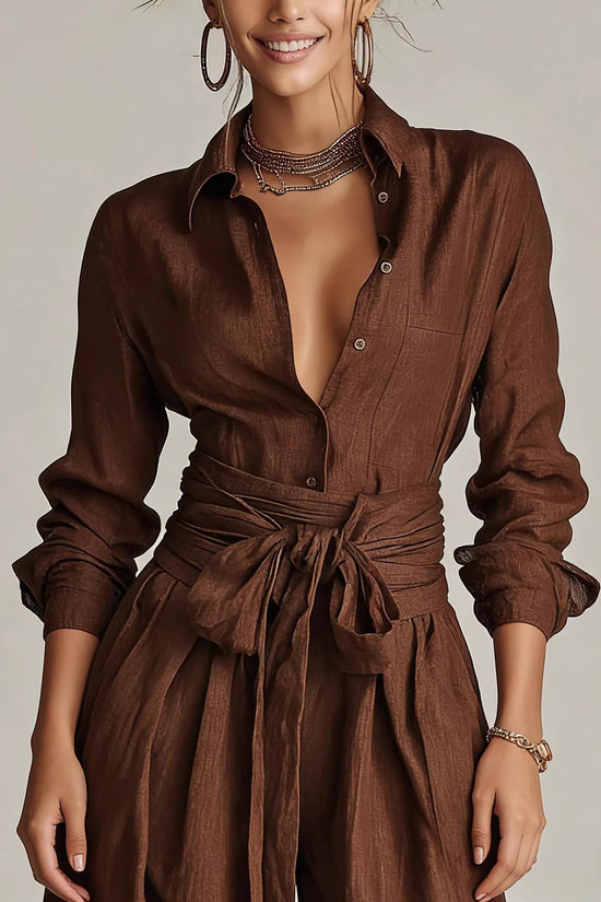Solid color collar top high waisted pants two-piece set 