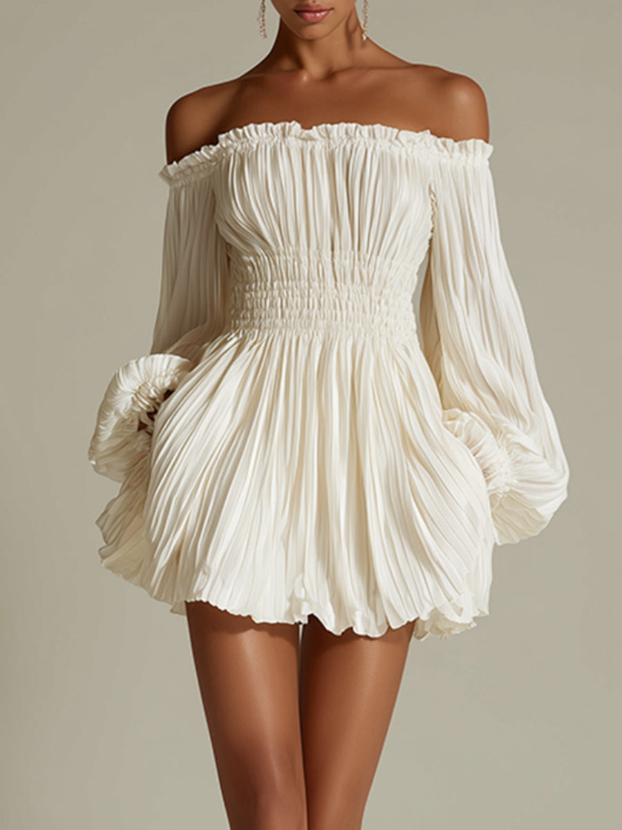 Elegant One-Shoulder Pleated Fitted Long Sleeve Dress for Women 