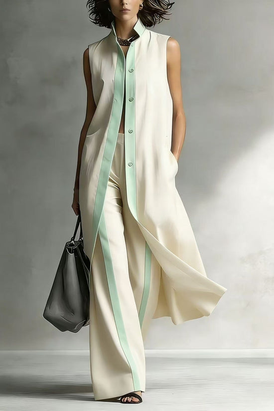 Color blocking loose vest cardigan pants set 