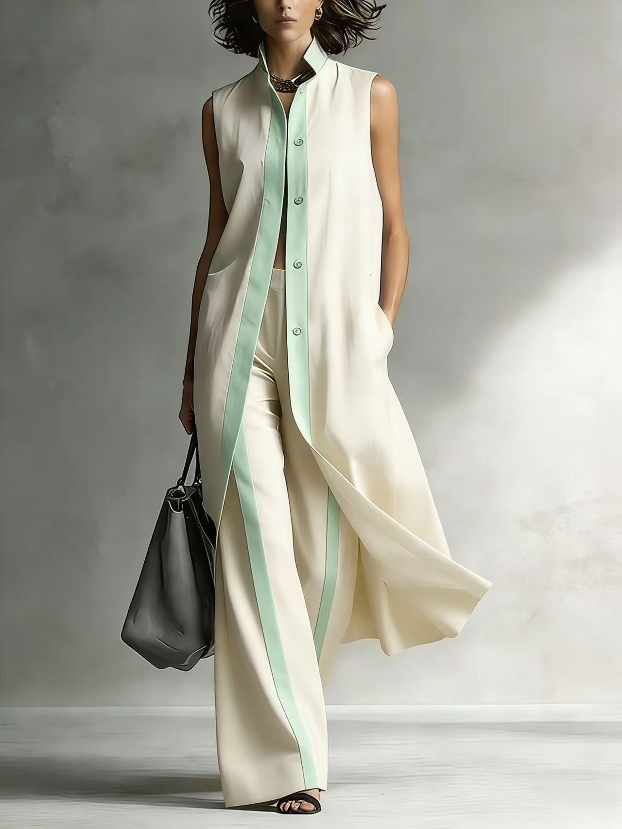 Color blocking loose vest cardigan pants set 