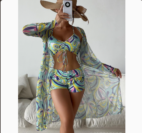 Fashionable Sexy Mesh Cover-Up with Leg-Length Briefs Three-Piece Swimwear Set for Women 