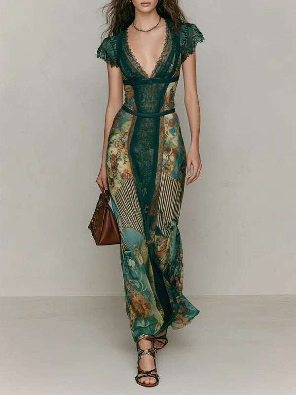 Vintage Emerald Green Lace V-Neck Short Sleeve Patchwork Oil Painting Print Fitted Flared Vacation Fish Tail Long Dress 