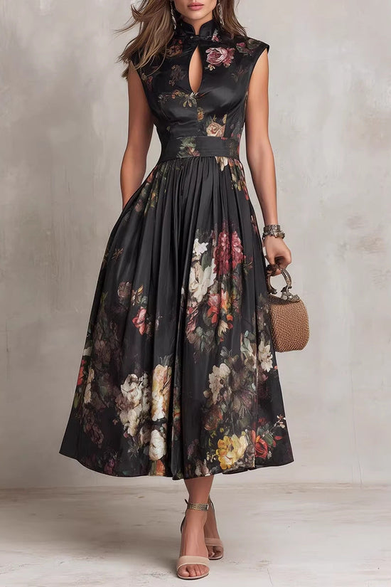 Sleeveless black digital printed long skirt 