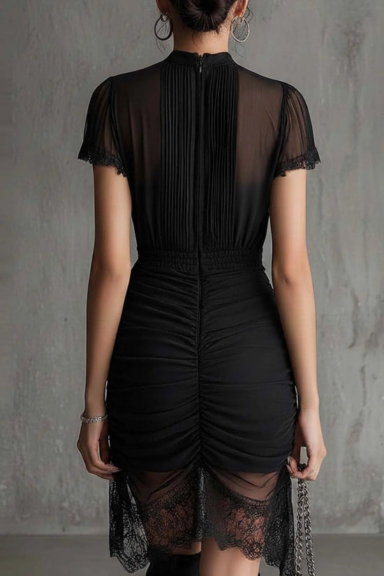 New European black see through lace patchwork dress, slim and tall, slit skirt with lace 
